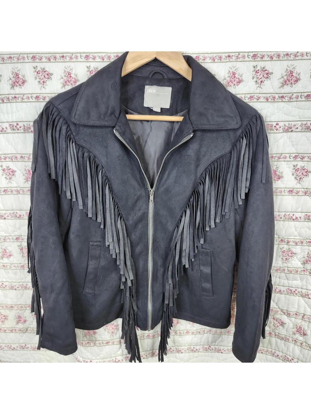 ASOS Black Fringe Moto Jacket Western Boho Festival Jacket